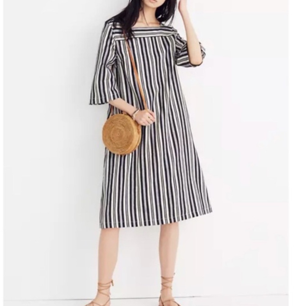 Madewell Square-Neck Midi Dress in Evelyn Stripe/Boardwalk Stripe Stone